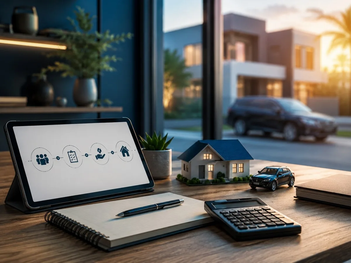 Tablet com ícones de grupo, contrato e casa sobre a mesa, com miniaturas de casa e carro, calculadora e casas com SUV ao fundo