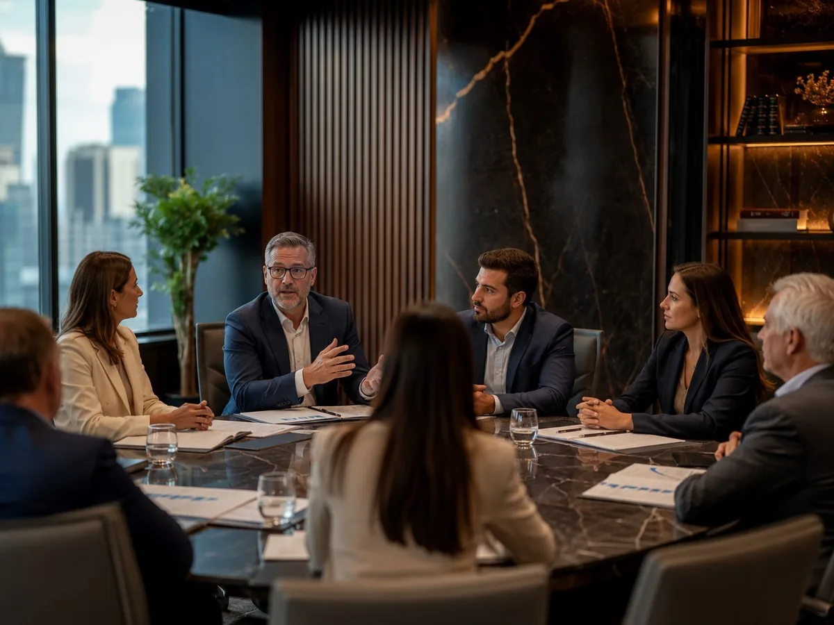 Grupo de pessoas reunidas em torno de uma mesa de reunião em escritório com vista para prédios, conversa sobre trocar de grupo de consórcio